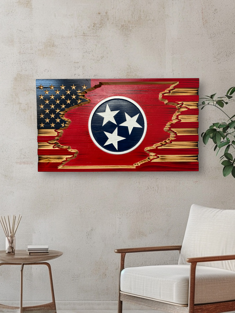 American & Tennessee Tattered Wooden Flag