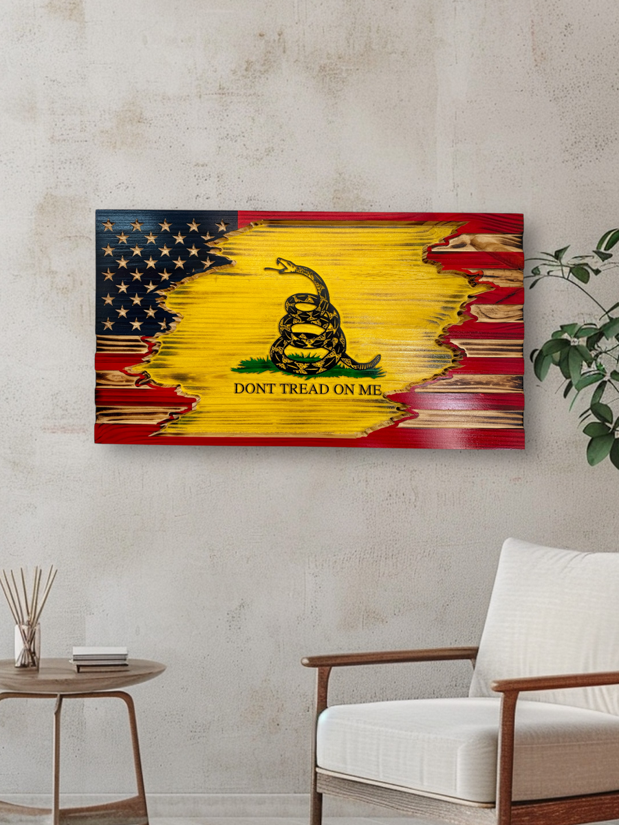 American & Gadsden Tattered Wooden Flag